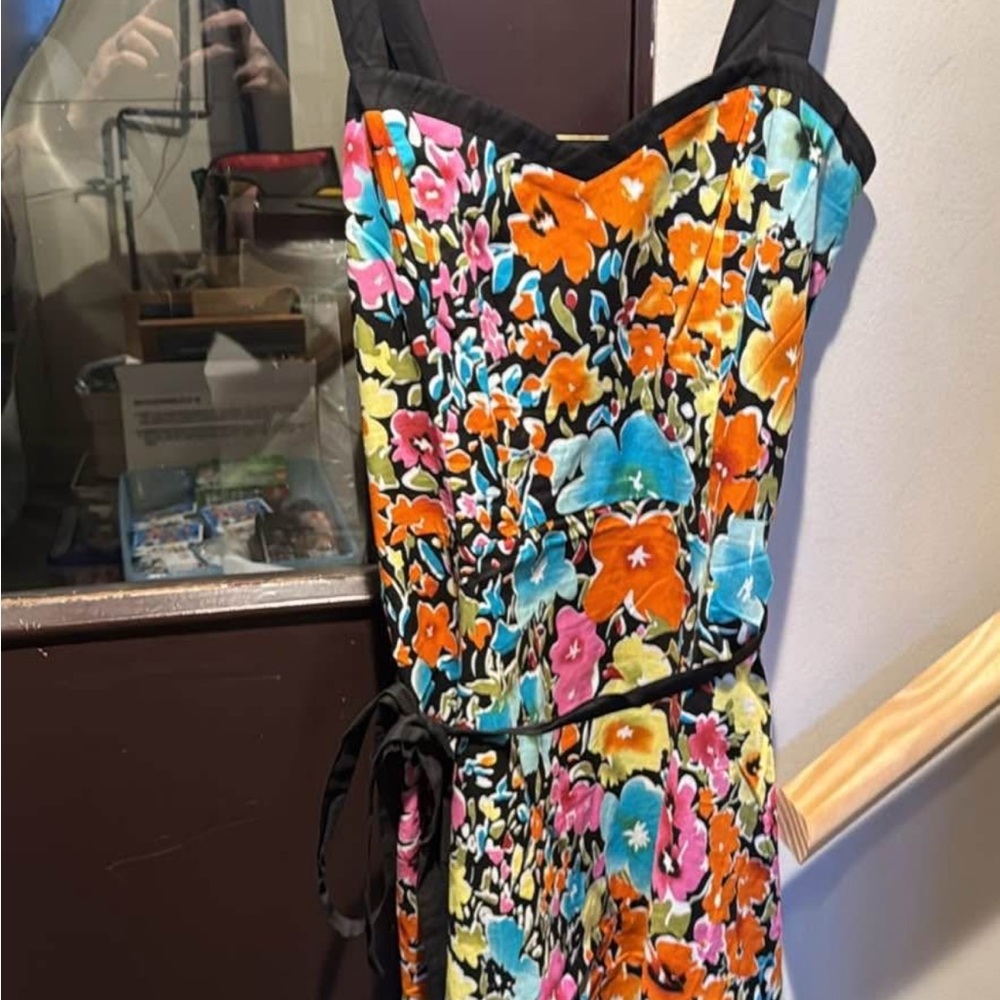 Spenser Jeremy Strapless Black and Orange Dress with Energetic Print